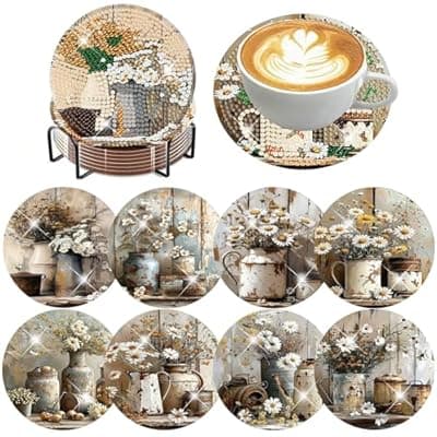 [Zythron] Zythron 8 PCS Flowers Diamond Art Coasters Rustic Farmhouse Daisy Diamond Painting Coaster Kits for Adults with Holder Diamond Painting Kits for Adults Handicrafts Paint by Diamond 4x4 inch