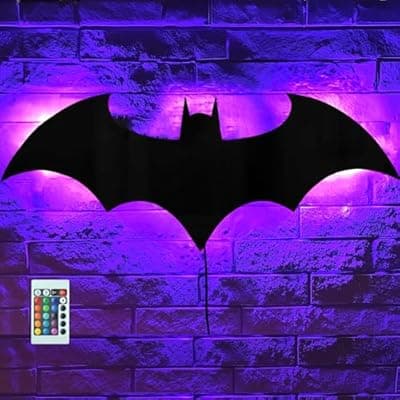 [Web Launcher String Shooters] Bat Night Light Superhero LED Signal Cool Lamp with 16 Colors Remote Control Wall Sconce Acrylic Engraved Neon Sign Light Room Wall Decor for Bedroom Party Birthday Xmas Gifts