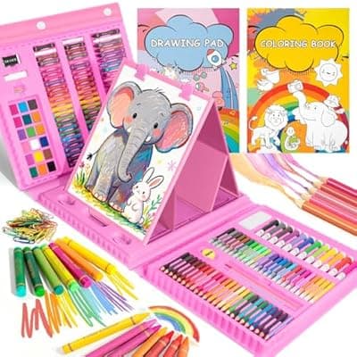 Timart Art Supplies, 210-Piece Drawing Art Kit, Gifts Kids Art Set with Double-Sided Easel, Non-Toxic Art Supplies for Girls & Boys, Drawing Set with Watercolor, Crayons for Young Artists-Pink