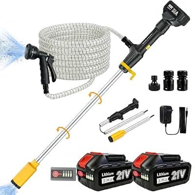 [MJUM] Cordless Stick Water Transfer Pump: 770 GPH Portable Submersible Water Pump with 2x4.0Ah Batteries & Charger, 32ft Max Lift, 16.5ft Steel-Wire Hose, 8-Mode Nozzle for Pool, Pond, Garden, Flood(Yellow)