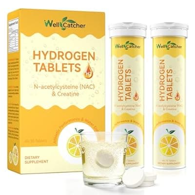 [Wellcatcher] Hydrogen Water Tablets for Drinking Water: 12.4 PPM Molecular Hydrogen H2 Tablet for Drinking Water with Magnesium NAC & Creatine for Energy Focus Recovery, Lemon Flavor Vegan Sugar Free 30CT