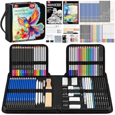 [VigorFun] 106 PCS Art Supplies Sketching Kit, Pro Drawing Pencils with 3-Color Sketchbook, Coloring Book, Colored Graphite Charcoal Watercolor & Metallic Pencils, Drawing Supplies Gifts for Artists Adults