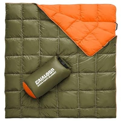 [Gaialoop] Gaialoop Down Puffy Blanket for 2 Person Car Camping Outdoor Travel Backpacking, 80% Duck Down & 20% Feather Lightweight Portable Soft Warm Cozy Camping Blanket Quilt, Olive Green