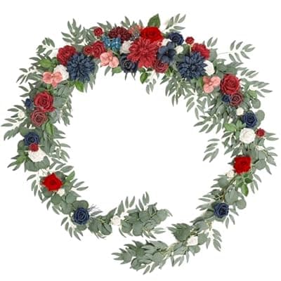 [TINGE TIME] TINGE TIME 9FT Flower Garland with Rose, Handcrafted Eucalyptus Floral Garland for Wedding Sweetheart Table, Wedding Arch Flowers for Backdrop Head Table Decor Ceremony Reception (Red&NavyBlue)