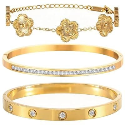 [Ciormis] Ciormis 18K Gold Plated Bangle Bracelet Set for Women Stackable Gold Clover Women Bangle Bracelets Trendy Gift Jewelry for Christmas Anniversary