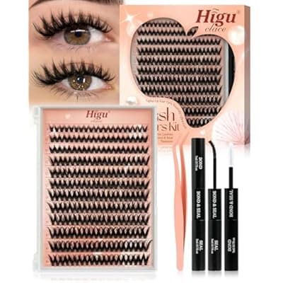 [Higu clace] Higu clace Lash Clusters Kit 240pcs C Curl Natural Lash Clusters with Bond and Seal Tweezer for Beginners, 8-16mm DIY Eyelash Extension Kit Wispy Extension Natural with Thin Band Easy to Use(QC85)