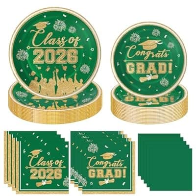 [PERFQU] Graduation Plates and Napkins 2026 Graduation Party Supplies, Class of 2026 Congrats Grad Disposable Paper Plates Cocktail Napkins Set for Green Gold 2026 Graduations Party Decorations Sets, Serve 50