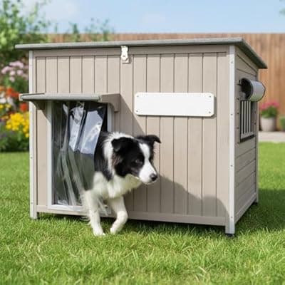 [Pawbuilt] Dog House Indoor Outdoor, Weatherproof Wooden Dog House for Medium/Large Dogs, Chew-Proof Frame, Vent Window & Elevated Floor, Openable Roof, Easy to Assemble & Clean, Gray 43.3" L×29.5" W×33.5" H