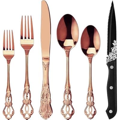 [Runfly] Runfly Retro Royal Rose Gold/Copper 48 Pieces Flatware Set, Gorgeous Silverware Set For 8, Anti-rust Stainless Steel dark Cutlery Set Utensils Including Fork Spoon and Knife