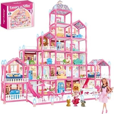 [keefun] keefun Doll House for 3 4 5 6 7 8+ Year Old Girl Birthday Gifts, Big Dream Dollhouse for Girls 6-12 4-6 with Lights, Pink Educational STEM Building Toys for Kids Ages 4-8 5-7 Play Princess Castle Game