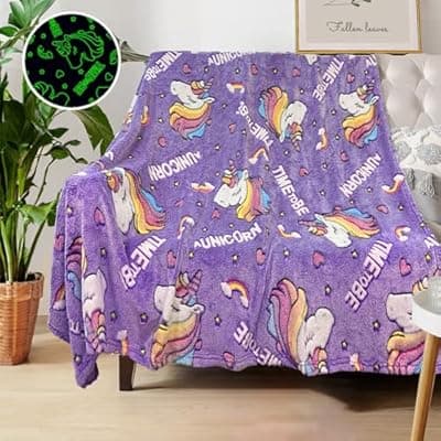 [COMFAR] Unicorn Glow in Dark Blanket for Girls & Kids, Personalized for Baby/Toddler, Soft Fleece 40"x50"