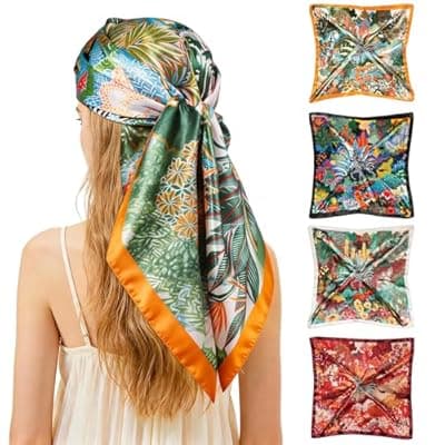 [Ciormis] Ciormis 35" Silk Head Scarf for Women, 4 Pcs Satin Hair Scarf Square Silk Bandana Top Neck Scarves Hair Wraps for Sleeping