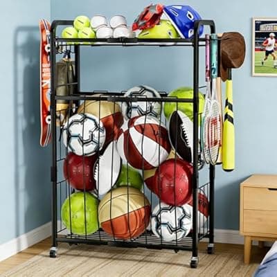 YIWANFW Garage Ball Storage Rack - Sports Equipment Organizer with Wheels, Rolling Sports Ball Cart with Elastic Rope, Outdoor Ball Holder for Basketball Soccer Volleyball Football, Garage Toy Storage