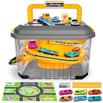 [Saichotoy] Toy Car Track Storage Playset - Car Toys Race Set Including 12 Diecast Cars, PlayMat, Race Tracks, Car Ramp, Kids Birthday Gift Toys for 2 3 4 5 Year Old Boys 1-3 2-4 Toddlers