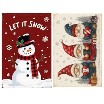 [Carastora] Carastora 2-pack Vintage Christmas Metal Tin Signs, 8×12 inches, featuring snowmen and gnomes, suitable for bedroom, kitchen, garden, home decor, or as a holiday gift.