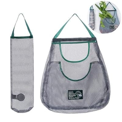 [Oniapro] 2 Pack Reusable Produce Bags (Long + Dual Pocket) Sturdy & Strong Hanging Mesh Storage Bags for Kitchen Storage Fruits, Onion, Garlic & Vegetables, Breathable Shopping Handbag Storage Grocery Bags