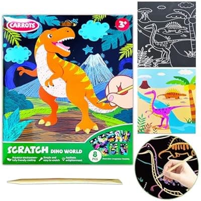 [JUNQIU US] JUNQIU Scratch Art for Kids, Dinosaurs Black Rainbow Scratch Art Paper Set-Arts and Crafts & Supplies, DIY Activity & Party Games, Gifts for Toddlers, Girls & Boys Ages 3, 4, 5, 6, 7, 8