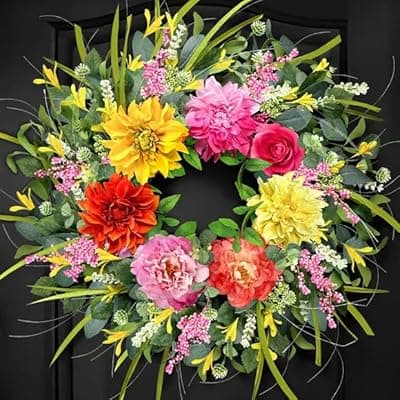 [ICX] ICX Spring Wreaths for Front Door 24 Inch, Large Floral Door Wreath with Peony, Rose and Dahlia, Spring & Summer Outdoor Wreath, All Season Farmhouse Window Wall Wedding Decor, Housewarming Gift