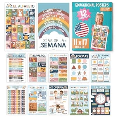 [Hadley Designs] Hadley Designs Spanish Posters for Classroom - 12 Bilingual Educational Posters for Spanish Classroom Decorations Must Haves, Calendario y Alfabeto en Español Para la Pared, Boho Teacher Supplies