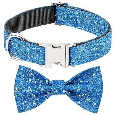 [Jumpress] Jumpress Blue Boy Dog Collar with Bow, Bling Male Bowtie Dog Collar for Small Medium Dogs, Cute Dog Collar for Daily Walking or Holiday Party (Neck fit 13-19’’)