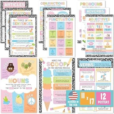 [Hadley Designs] Hadley Designs Parts of Speech Posters for Classroom Decor - 12 English Grammar Posters for Classroom, Writing Process Language Arts Elementary & Middle School, ELA Composition Teacher Must Haves