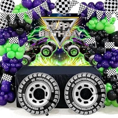 [Yafacuha] Monster Truck Birthday Decorations，Monster Truck Balloon arch，Monster Truck Party decorations，Include Balloon arch,Banner，Backdrop, Tablecloth