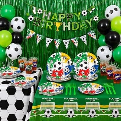 [Generic] Soccer Party Supplies for 24 Guests, Soccer Birthday Decorations Set with Plates Cups Napkins Tablecloth Balloons Banner & Cutlery, Soccer Theme Party Decorations for Game Day Sports Celebration