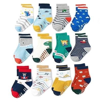 [NUTRALSWAN] AIQIBAO 12 Pairs Anti Slip Socks With Grips, Funny Children Ankle Toddler Boys Girls Baby Socks for Ages 1-7