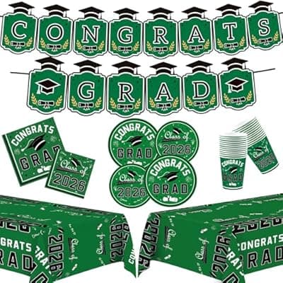 [OHOME] OHOME Graduation Party Decorations 2026 - Graduation Decorations Class of 2026 - Serve 24 - Green Plates Tablecloth Napkins Cups Graduation Banner- Graduation Party Favors Supplies
