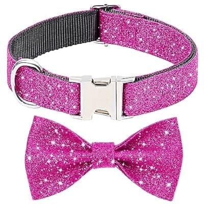 [Jumpress] Jumpress Girl Dog Collar with Bow, Bling Female Bowtie Dog Collar for Small Medium Dogs Daily Walking or Holiday Party (Hot Pink, Neck fit 13-19’’)
