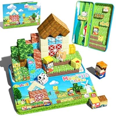 [Goodtiles] Mini Magnetic Blocks, Magnet Building Cubes, Farm Animal Travel Outdoors Toys with Portable Iron Box, STEM Montessori Sensory Educational Toys for Toddlers, Gift for Kids Ages 3-8 Boys & Girls