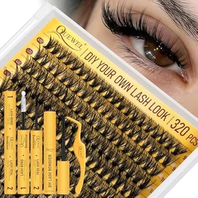 QUEWEL Lash Clusters Kit, 320 Pcs 40D Lash Cluster Eyelash Extensions 9-16mm Lash Clusters Wispy Kit with Eyelash Clusters Bond and Seal Glue Remover Tweezers (40D Kit)
