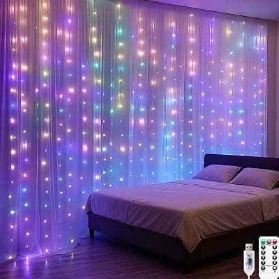[AurNyvaMay] 300LED Fairy Curtain Lights, 9.8x9.8Ft Warm White USB Plug in 8 Modes & Timer Christmas String Hanging Lights with Remote for Bedroom Indoor Outdoor Weddings Party Wall Decorations(Multicolor)