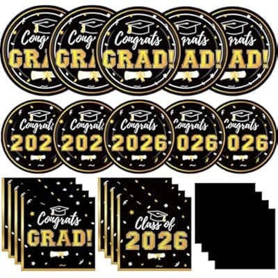 [Labrostar] Graduation Party Plates and Napkins 2026 Graduation Party Supplies Black Gold Disposable Paper Plates Luncheon Napkins Cocktail Napkins for Graduation Party Decorations Serve 50