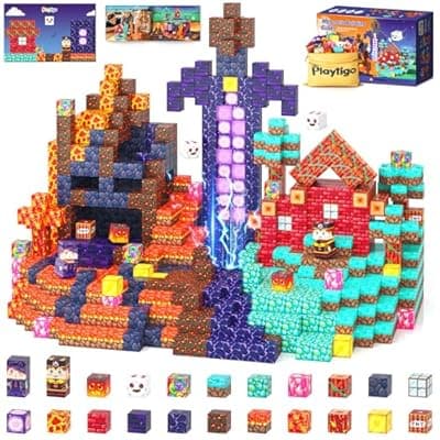 [Playtigo] Playtigo 154PCS Magnetic Blocks Mine Magnet World Block Cubes Toy with Magnet Board for Kids Ages 4-8, Magnetic Tiles Kids Sensory Birthday Gifts Game Toys for Boys & Girls Ages 3+