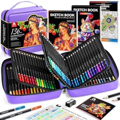 [VigorFun] 136 PCS Colored Pencils Set for Adult Coloring Books, 120 Colored Pencils with Sketchbook, Coloring Book, Sharpener, Soft Core Sketching Drawing Pencils, Art Supplies for Adults Artists (Purple)
