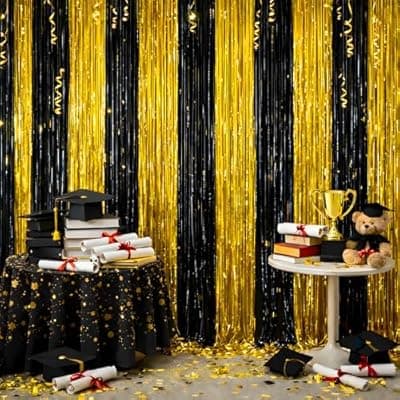 [OHOME] Graduation Decorations 2026 - Black Gold Streamers Backdrop Banner | Graduation Party Decorations Indoor Outdoor Outside - Class of 2026 Graduation Party Photo Booth Favors Supplies for Home Wall Door