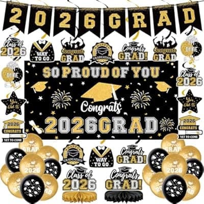 [Yunfan] 59Pcs Graduation Decorations 2026 Backdrop Balloons Banner Centerpiece Hanging Swirls Grad Class of 2026 Decorations for kindergarten K-12th College Any Grade Black Gold Themed