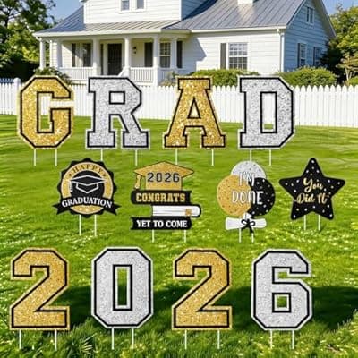 [Yunfan] Graduation Decorations 12Pcs Waterproof Black Graduation Yard Signs Class of 2026 Outdoor Congrats Grad Sign with Stakes for Garden Lawn Yard College High School Graduation Party Decorations