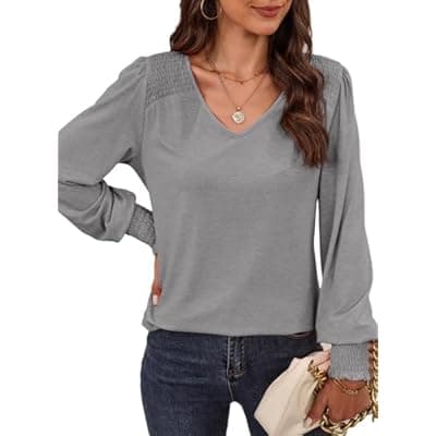 Dokotoo Women's Casual Long Sleeve Shirts Shirred Shoulders Solid Color Knit Tops Blouses