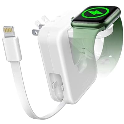 AFLYDOG for Apple Watch Charger Block, 2 in 1 Wall Charger with Built-in Retractable Charging Cable, Travel Foldable Plug Power Adapter Compatible with iPhone iWatch (White)