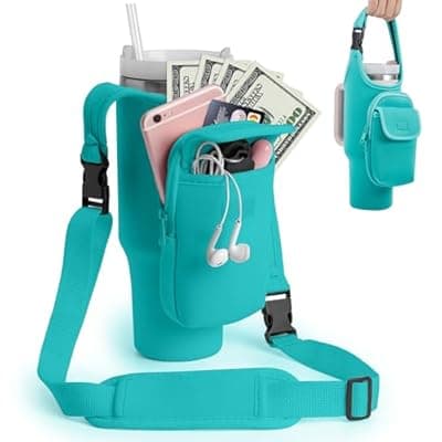 Carrier Bag with Phone&Flap Pockets for Stanley 40/30oz Tumbler with Handle, Insulated Neoprene Cup Holder Carrier Bag w/Shoulder & Handheld Strap Fits Stanley Cup Accessories