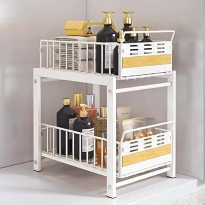 Under Sink Organizer, 2-Tier Pull Out Cabinet Organizer with Heavy-Duty Carbon Steel Sliding Shelves, Stackable Multi-Purpose Storage Rack for Kitchen Pantry Bathroom with Movable Dividers, White