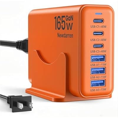 iPhone 17 Charger USB C Fast Charger Block, 3 Type C Port Each 40W Charger for iPhone 17 16 15 Pro Max Plus, Galaxy, iPad Pro, Tablet, Total 165W GaN 6 Port Wall Charging Station Hub Adapter Oranger