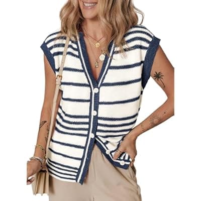 Dokotoo Sweater Vest Women Striped V Neck Button Vest for Women Vest Top Spring Cardigan Sweaters for Women 2025