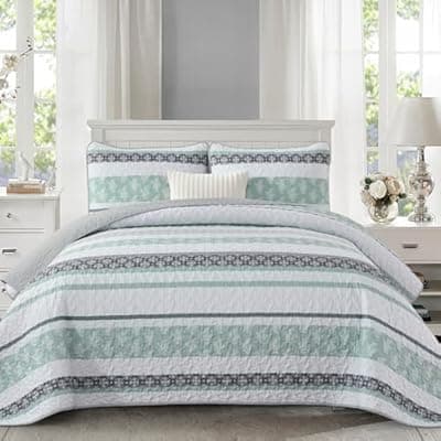 Luxudecor Quilts Queen Size Boho Sage Green Quilt Bedspreads Bedding Set, 3 Pieces Summer Queen Coverlet Sets with 2 Shams,Soft Lightweight Striped Patchwork Quilt for Bed 110"x90"
