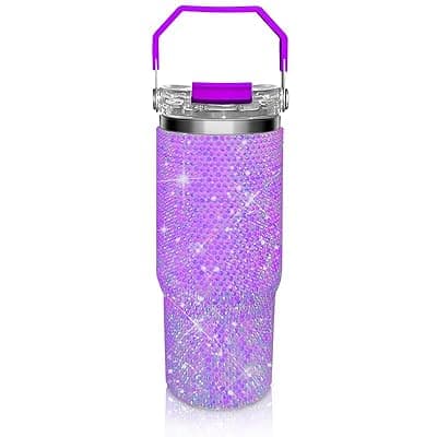 Bling Rhinestone Studded Tumbler with Top Handle, Bling Cups Stainless Steel Water Bottle Diamond Glitter Tumbler for Women - Birthday Gifts for Women, Mom,Get Well Soon Gifts (Lilac)